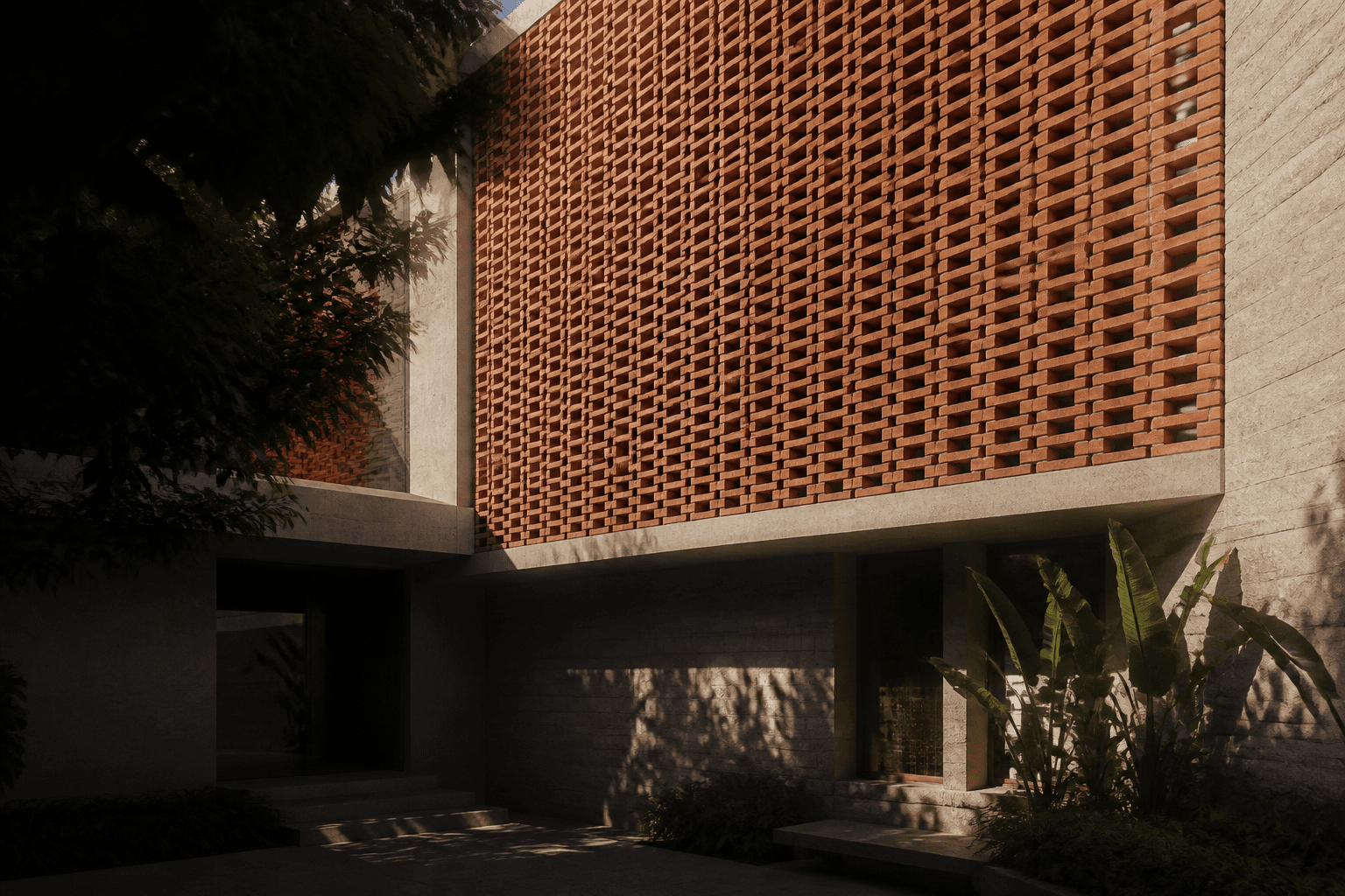 Contemporary residence with a perforated brick facade in late afternoon light