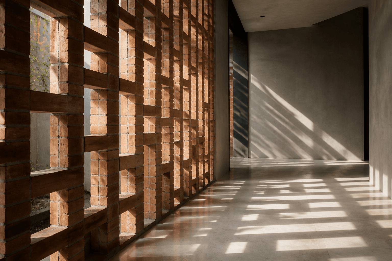 Morning sun casting geometric shadows through a brick screen